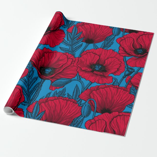 Red poppy garden on blue wrapping paper (Unrolled)