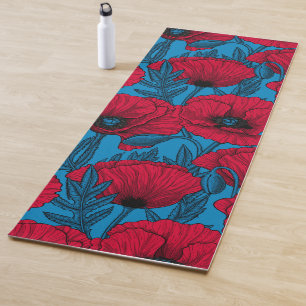 Red poppy garden on blue yoga mat