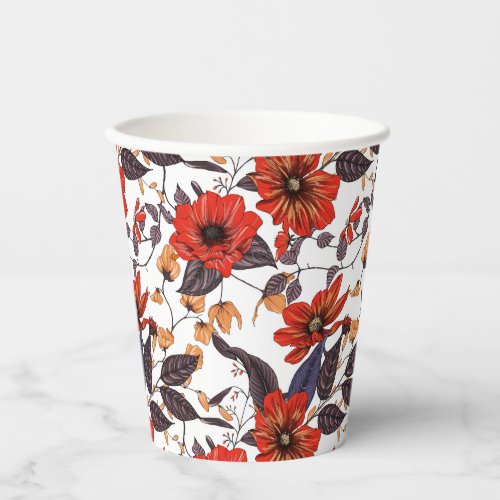 Red poppy gold delicate purple foliage  paper cups
