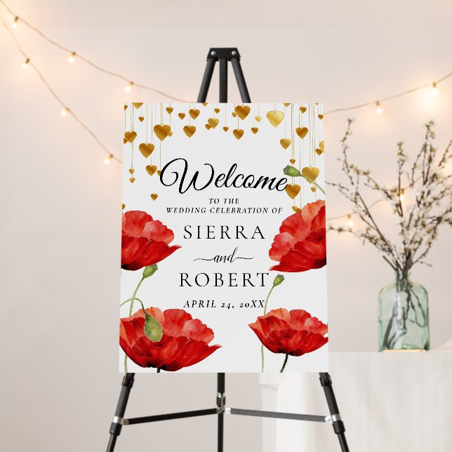 Red Poppy Gold Elegant Wedding Welcome Sign (In Situ (Stand))
