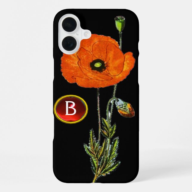 RED POPPY IN BLACK RUBY GEMSTONE MONOGRAM IPHONE CASE (Back)