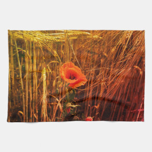 Red Poppy In Golden Wheat Field Thanksgiving Kitchen Towel