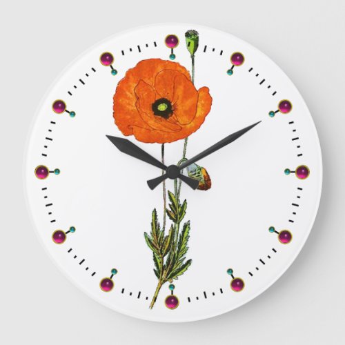 RED POPPY IN WHITE WITH GEMSTONES LARGE CLOCK