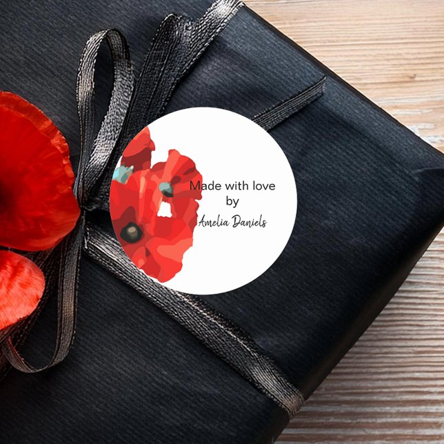 Red Poppy Made with Love Classic Round Sticker (Creator Uploaded)