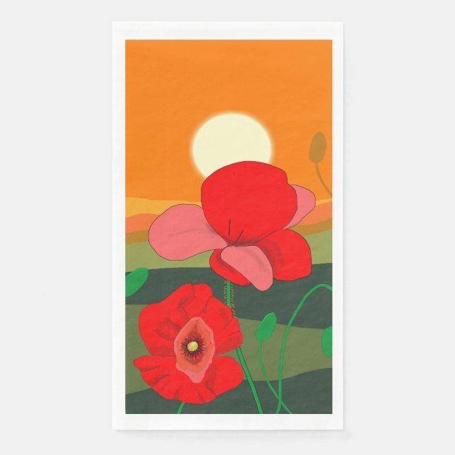 Red Poppy Meadow at Sunset Illustration  Paper Guest Towels (Front)