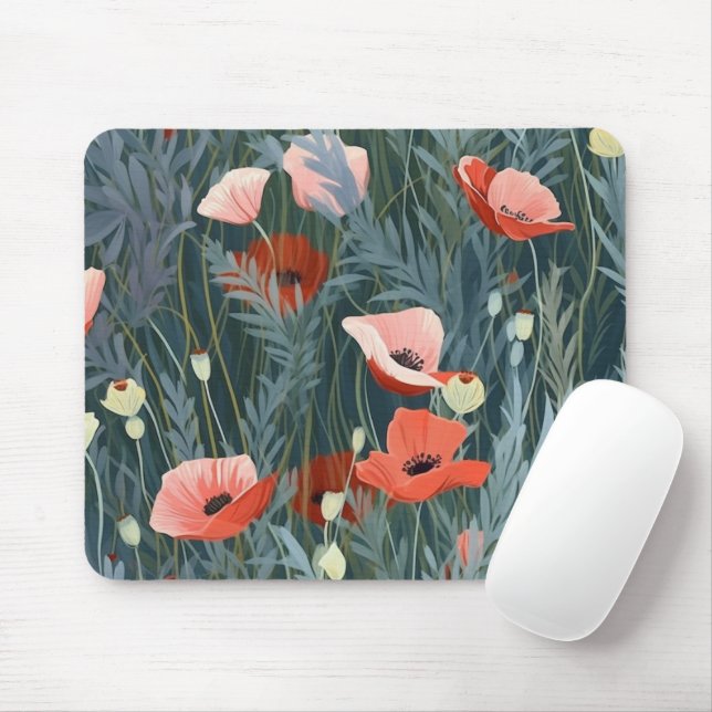 Red Poppy Meadow Mouse Pad (With Mouse)