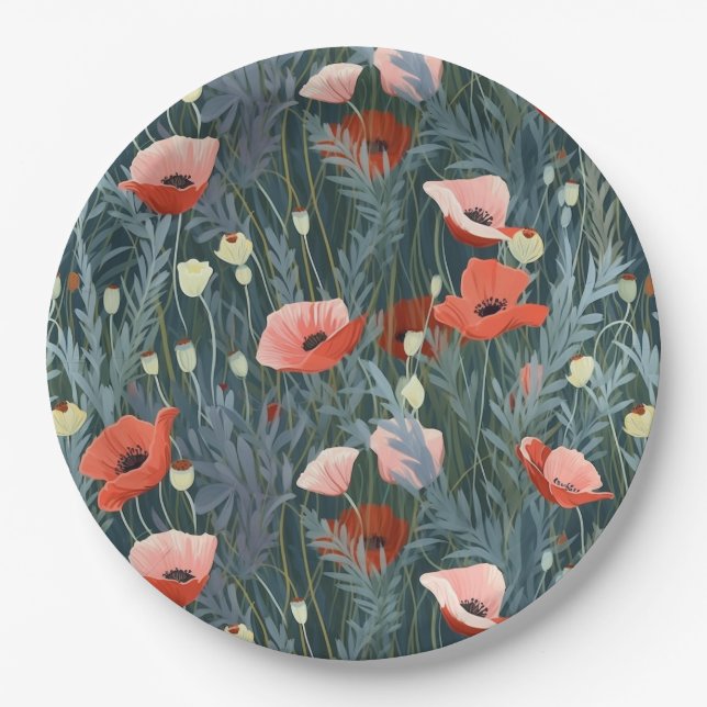 Red Poppy Meadow Paper Plates (Front)