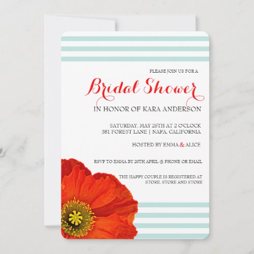 Red Poppy Mint Teal Stripes Wedding Bridal Shower Invitation