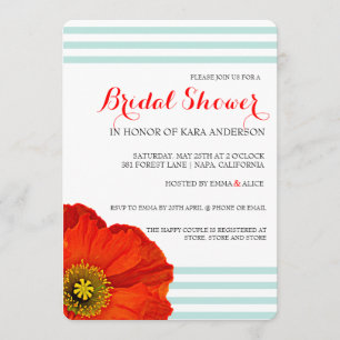 Red Poppy Mint Teal Stripes Wedding Bridal Shower Invitation