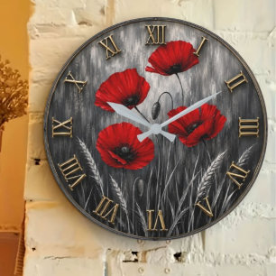 Red Poppy Modern Botanical Floral Black & White  Large Clock
