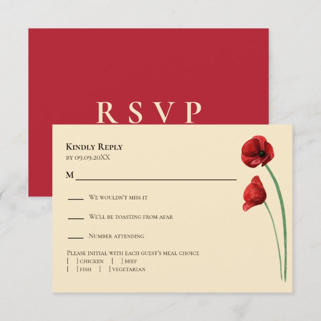 Red Poppy Modern Wedding Invitation,  RSVP Card (Front/Back)