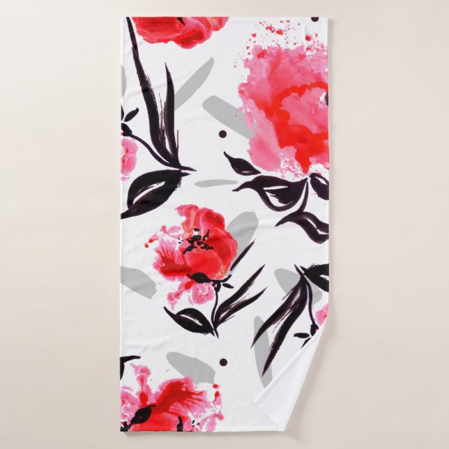 Red Poppy on a white background with gray stripes. Bath Towel (Bath Towel)