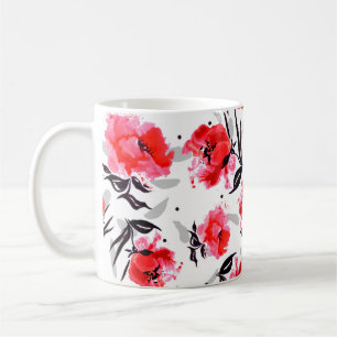 Red Poppy on a white background with gray stripes. Coffee Mug