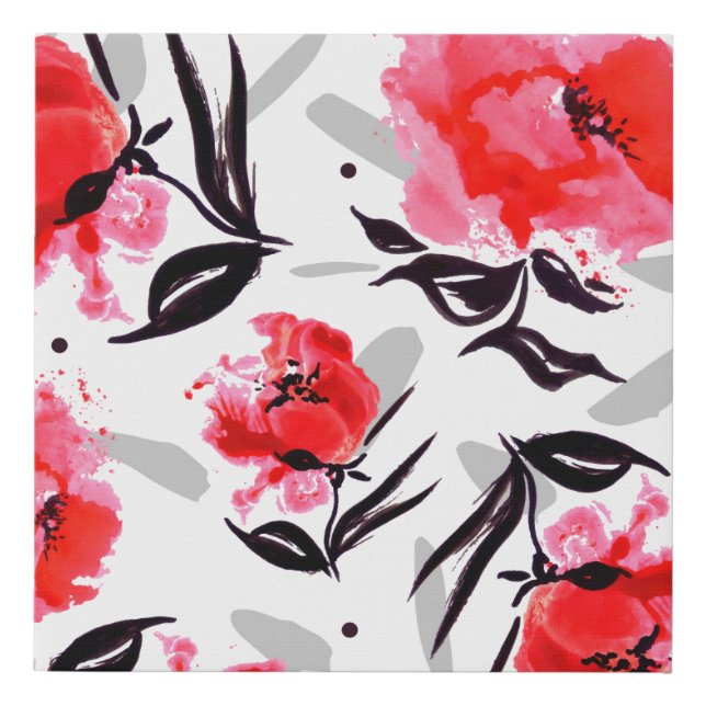 Red Poppy on a white background with gray stripes. Faux Canvas Print (Front)