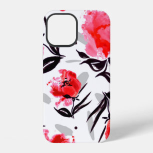 Red Poppy on a white background with gray stripes. iPhone 12 Case