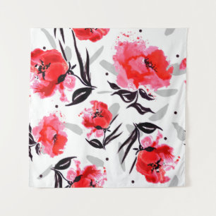 Red Poppy on a white background with gray stripes. Tapestry
