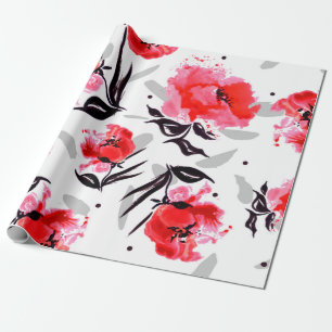 Red Poppy on a white background with gray stripes. Wrapping Paper