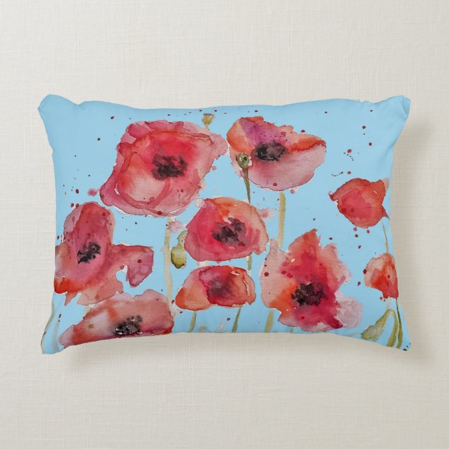 Red Poppy on Blue Watercolour Poppies Accent Pillow (Front)