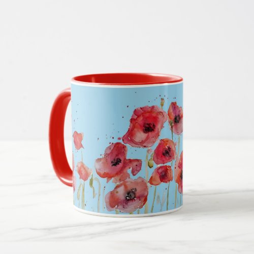 Red Poppy on Blue Watercolour Poppies Art Mug