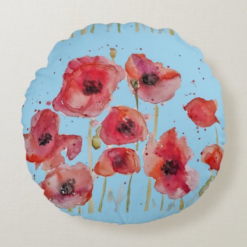 Red Poppy on Blue Watercolour Poppies Decorative C Round Pillow