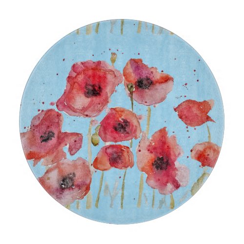 Red Poppy on Blue Watercolour Poppies Decorative Cutting Board