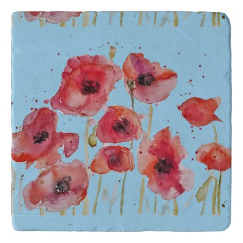 Red Poppy on Blue Watercolour Poppies Decorative Trivet