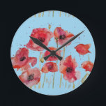 Red Poppy on Blue Watercolour Poppies Round Clock<br><div class="desc">Orange and Blue Poppies Decor Cushion. A glorious cushion design. Designed from my original watercolor paintings,  that I painted from my own flower garden.</div>