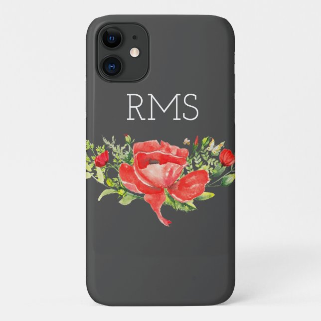 Red Poppy on Gray Customizable Monogram  Case-Mate iPhone Case (Back)