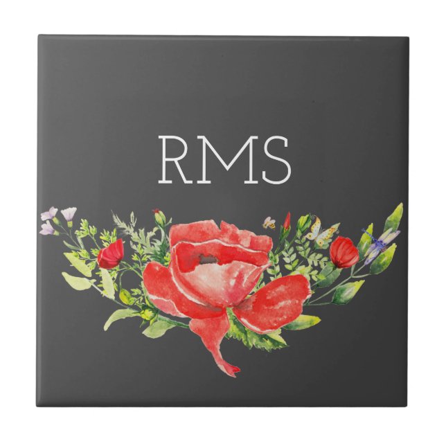 Red Poppy on Gray Customizable Monogram  Ceramic Tile (Front)