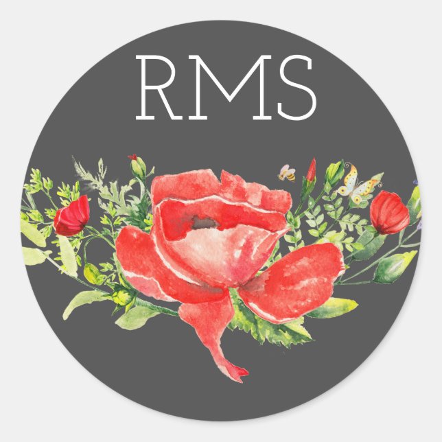Red Poppy on Gray Customizable Monogram  Classic Round Sticker (Front)