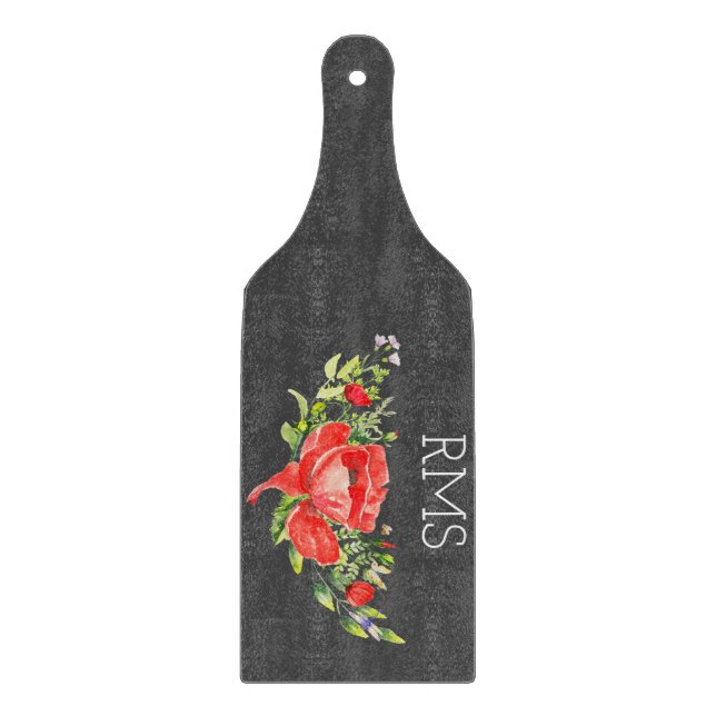 Red Poppy on Gray Customizable Monogram  Cutting Board (Front)