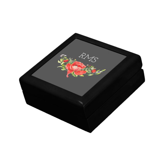 Red Poppy on Gray Customizable Monogram  Gift Box (Side)