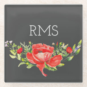 Red Poppy on Gray Customizable Monogram Glass Coaster