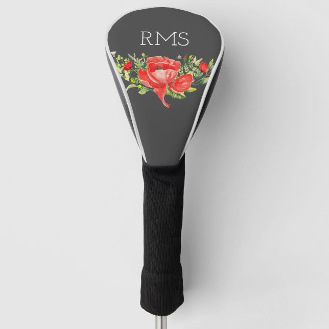 Red Poppy on Gray Customizable Monogram Golf Head Cover (Front)