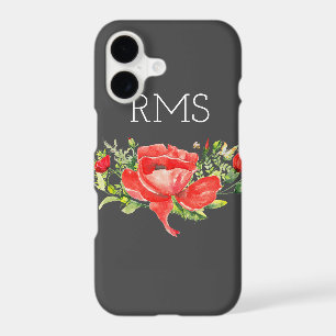 Red Poppy on Gray Customizable Monogram iPhone 17 Case