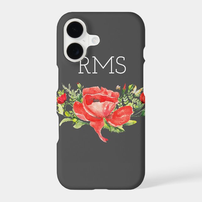 Red Poppy on Gray Customizable Monogram  Iphone Case (Back)