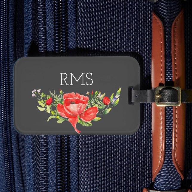 Red Poppy on Gray Customizable Monogram  Luggage Tag (Front Insitu 4)