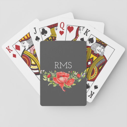 Red Poppy on Gray Customizable Monogram  Poker Cards