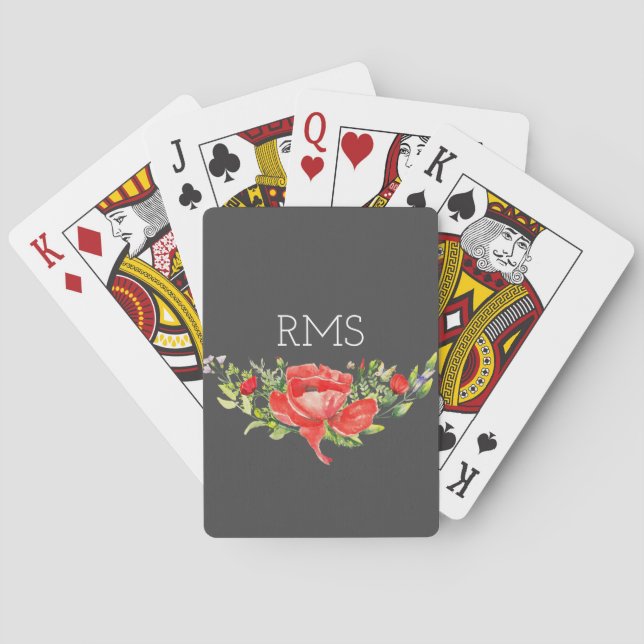 Red Poppy on Gray Customizable Monogram  Poker Cards (Back)