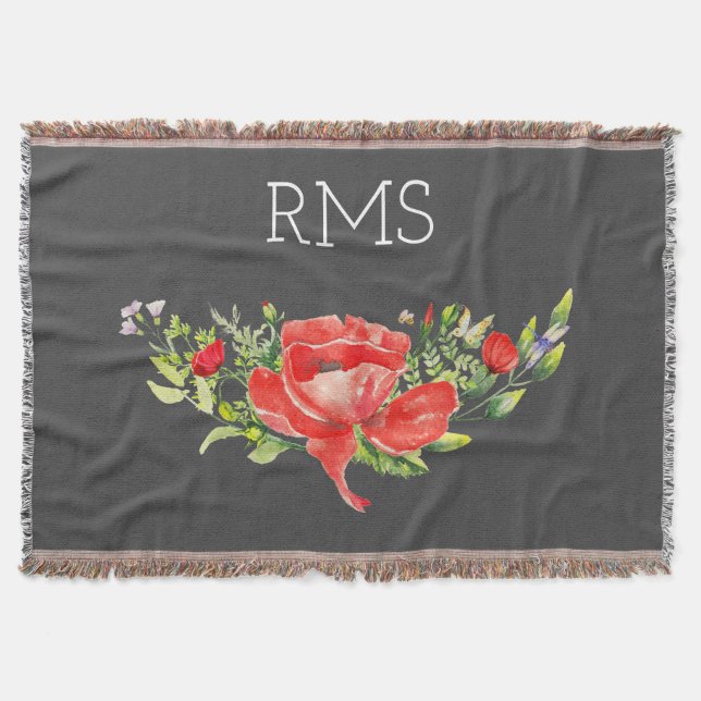 Red Poppy on Gray Customizable Monogram   Throw Blanket (Front)