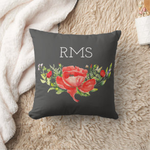 Red Poppy on Gray Customizable Monogram Throw Pillow
