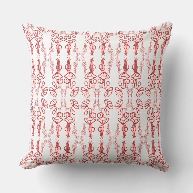 Red Poppy Outlines on White Background Pattern Throw Pillow (Front)