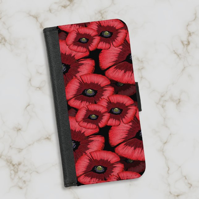 Red Poppy Pattern Black Floral Samsung Galaxy Wallet Case (A modern red and black poppy pattern wallet phone case just for you)