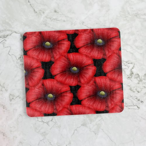 Red Poppy Pattern Black Glass Cutting Board