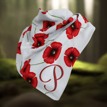 Red Poppy Pattern Elegant Monogram White Bandana