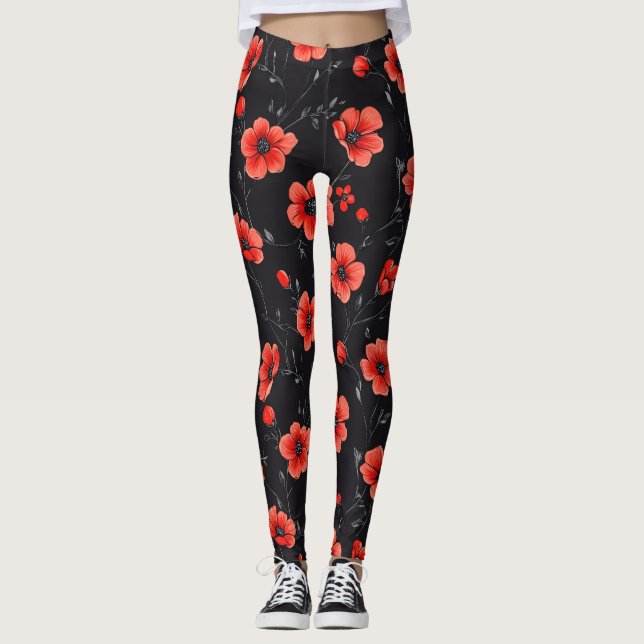 Red Poppy Pattern Leggings (Front)