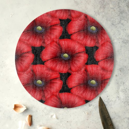 Red Poppy Pattern on Black Decorative Glass Cutting Board