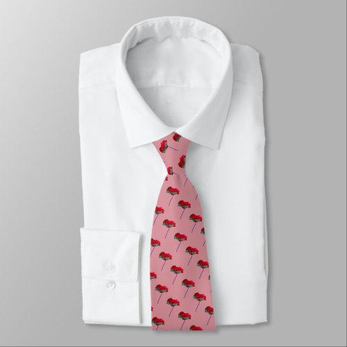Red poppy pattern on pink neck tie