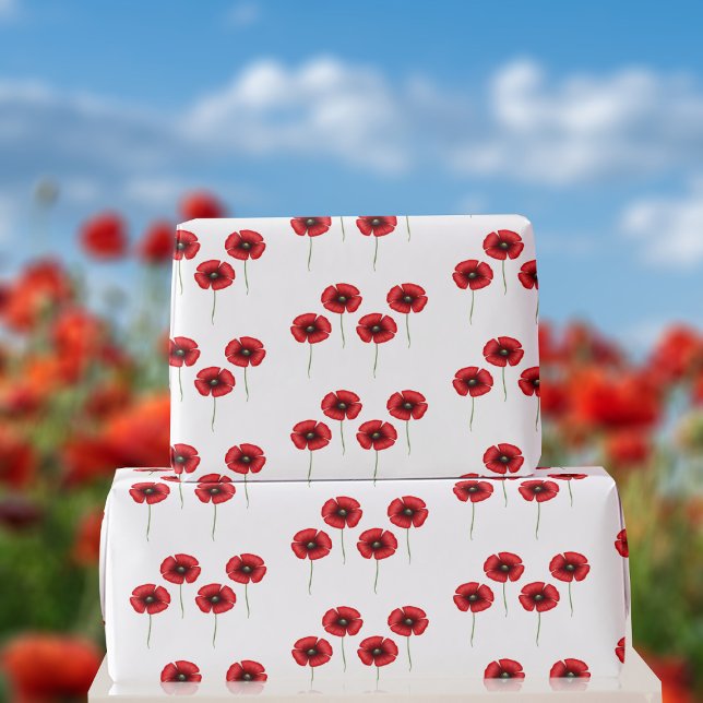 Red Poppy Pattern on White Wrapping Paper (A pretty poppy pattern wrapping paper just for you)