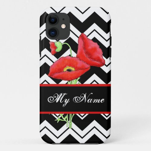 Red Poppy Personalized Black  White Chevron ZizZag iPhone 11 Case